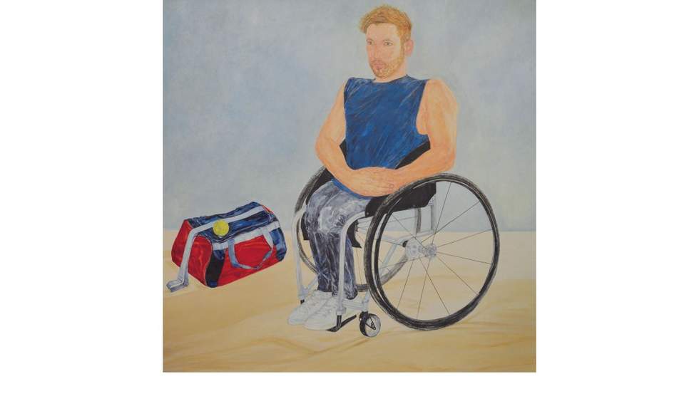A painting of a muscular man in a wheelchair wearing sporty attire, with a sports bag and tennis ball on the ground.  
