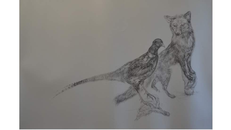 A black and white charcoal drawing of a pheasant and a fox standing on a log. 