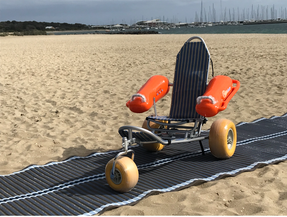 Mobi-chair beach wheelchair and access mat at Halfmoon beach