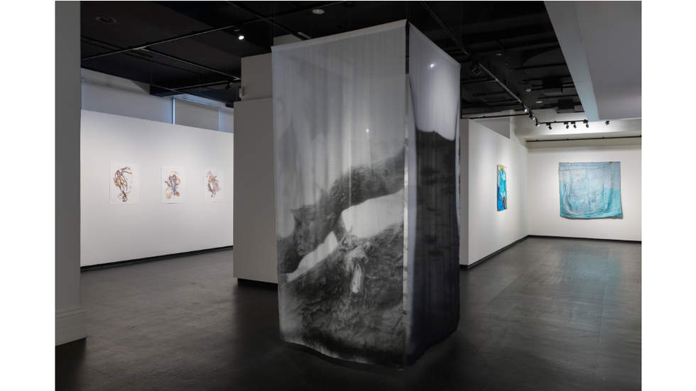 An installation view of an art exhibition. In the centre of the room there are two long drapes of black and white photo printed fabric.