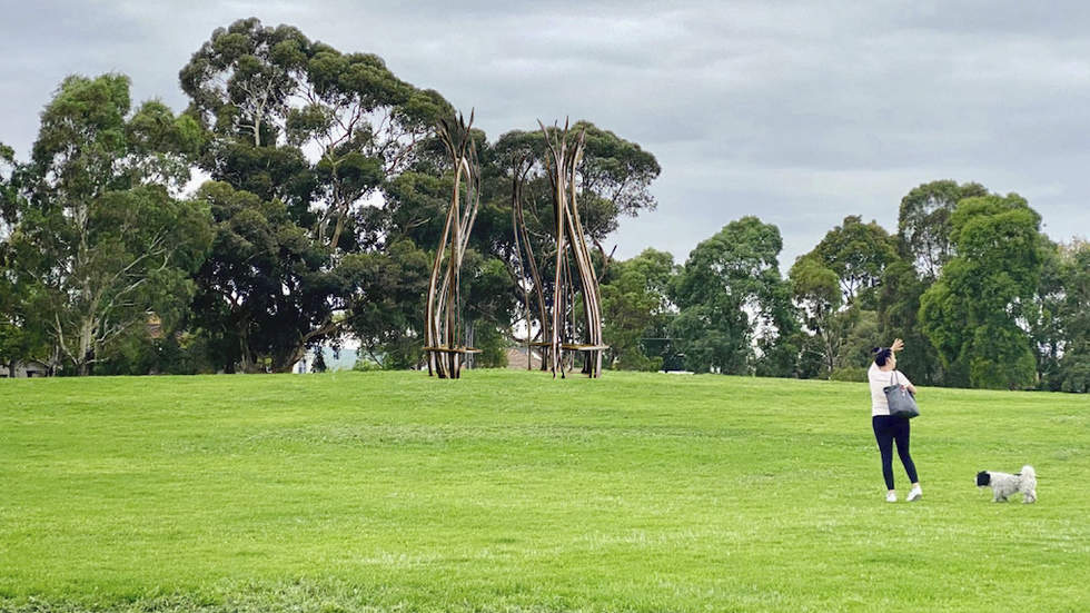 Elsternwick Park public art Spirit of Place render woman and dog.