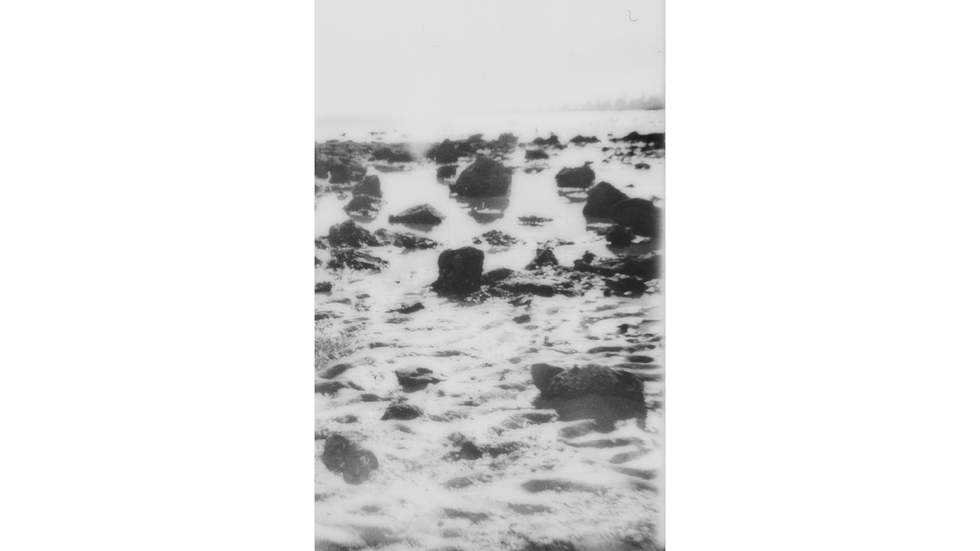 Black and white photograph of a rocky shoreline at low tide.