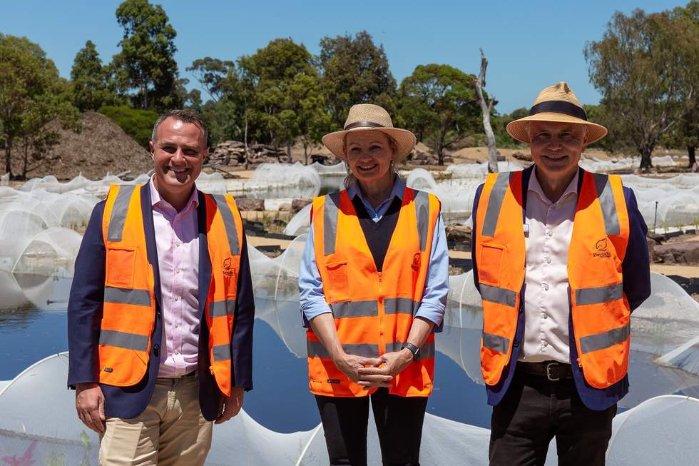 Member for Goldstein, Tim Wilson MP, Minister for the Environment, Sussan Ley MP and  Bayside Mayor, Cr Alex del Porto at Elsternwick Park Nature Reserve