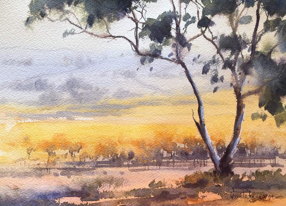 Watercolour painting of a treelined landscape.