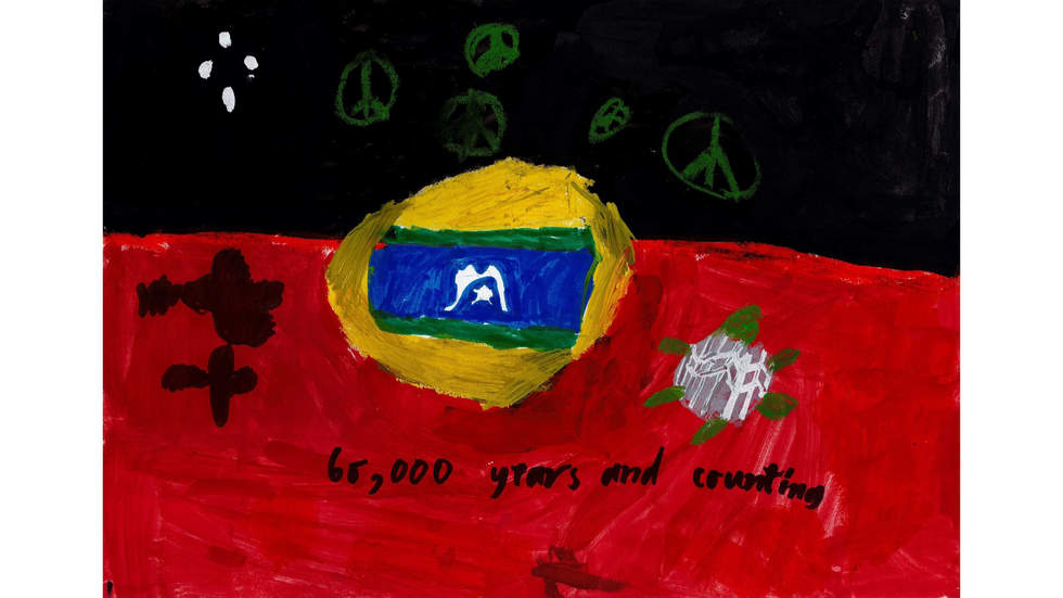 Painting of the Aboriginal flag with peace signs