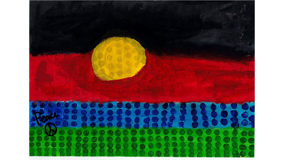  red, blue, green horizontal painted stripes with dots in the 2 latter with yellow circle (Aboriginal flag)