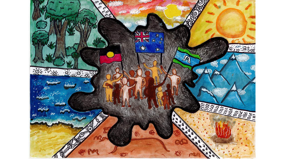 7 sections of Australian scenes wit black splash in middle featuring people and flags