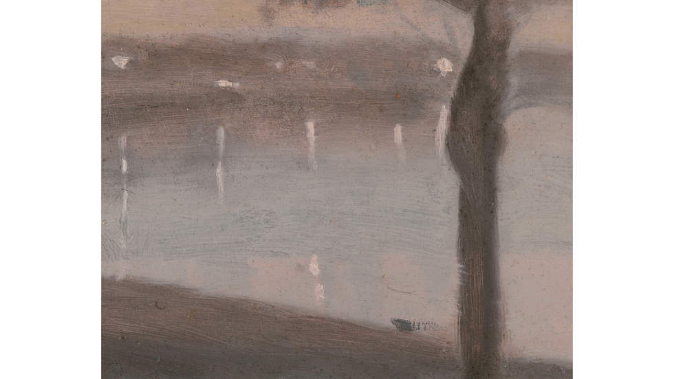 Clarice Beckett, 'Reflected lights, Beaumaris Bay' c. 1930-31, oil on composition board, 18.2 x 24 cm. Bayside City Council Art and Heritage Collection. Purchased 2014.