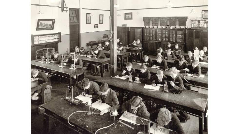 old black and white photo of school classroom