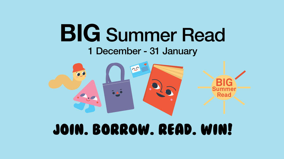Light blue background with BIG Summer Read written in orange text within a yellow sun. Includes other reading icons, bookworm, library bag, library card and book.