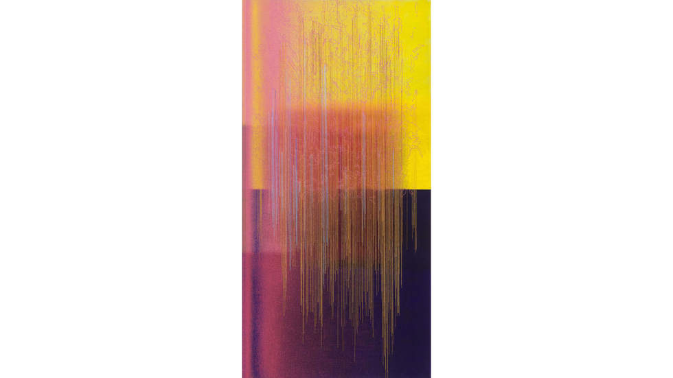 Painting by Jonathan Walker. The top half is bright yellow and the bottom half is deep blue to black. Overlaid is pink and yellow lines.