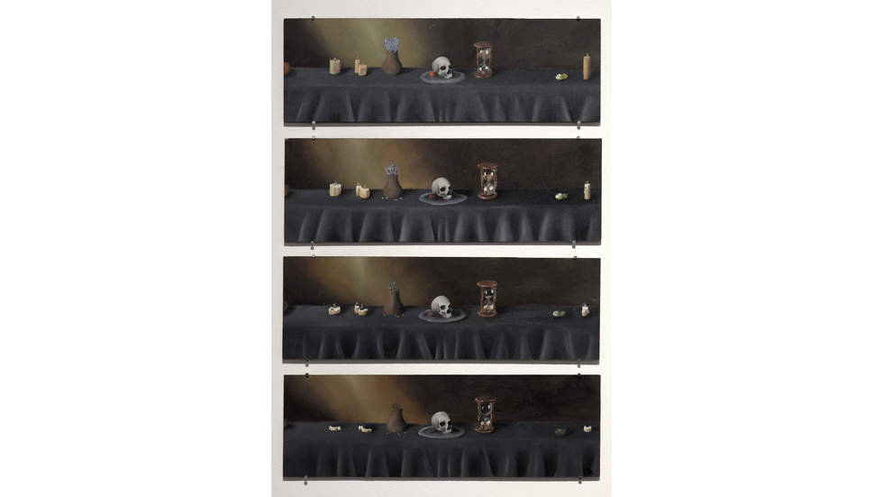 Series of four panels depicting a dark scene with a black tablecloth, candles, a vase and scull. 