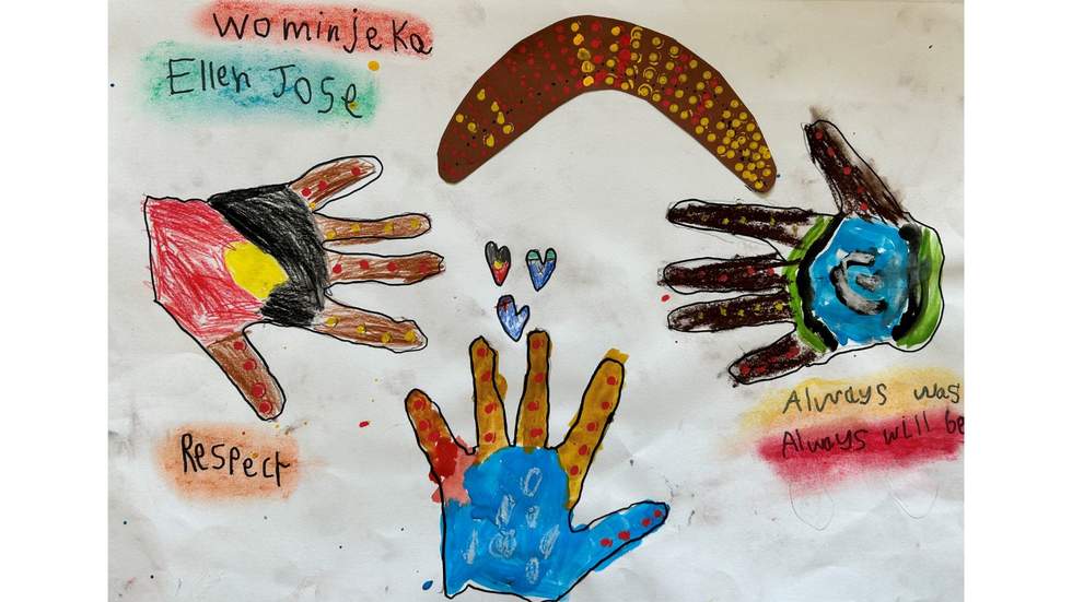 Student drawing of three hands with the Aboriginal flag, Torres Strait Islander flag inside hands with boomerang