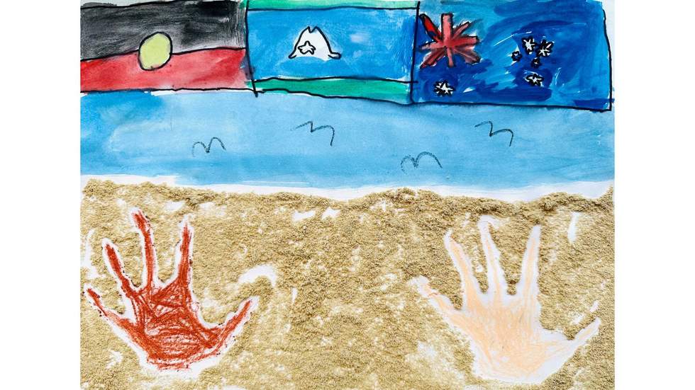 student artwork of hands in the sand with Australian, Aboriginal and Torres Strait Islander flags