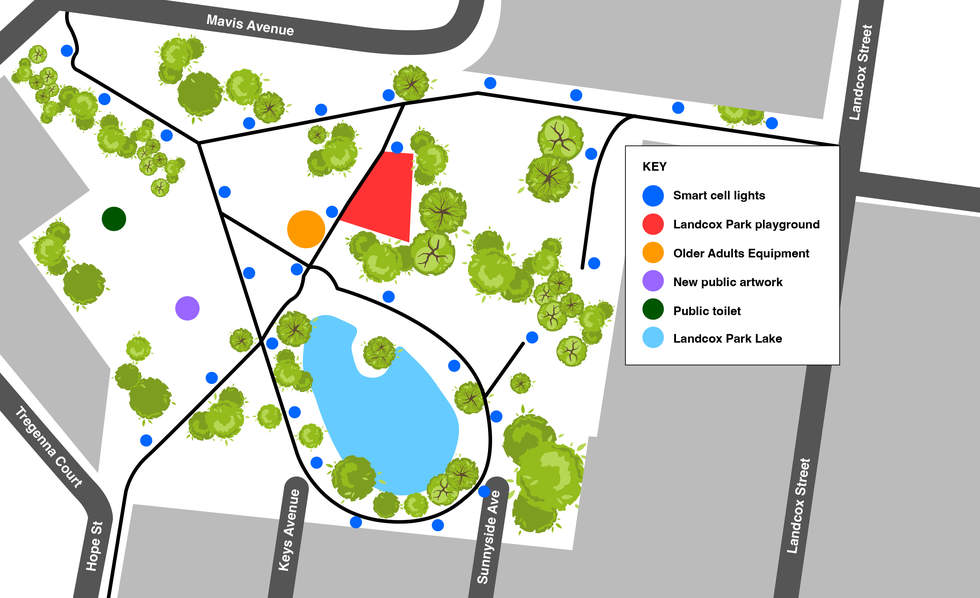 Illustrative map showing blue dots marking the location of the 29 smart lights along pathways within the Park