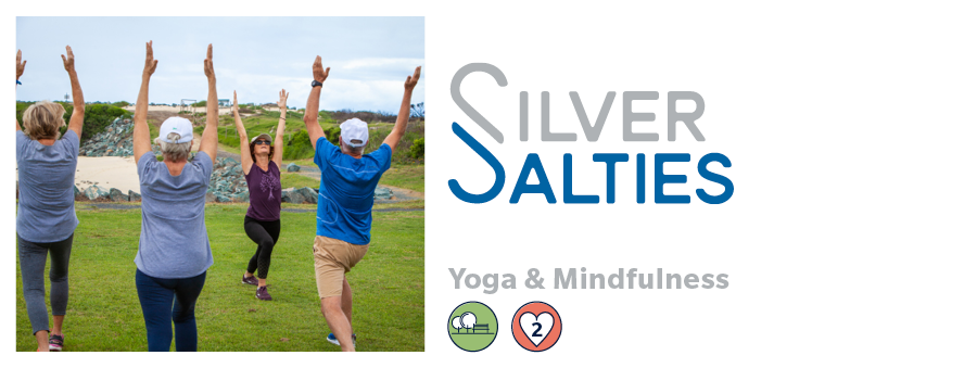 4 older people doing yoga on green grass. Silver salties Logo. 