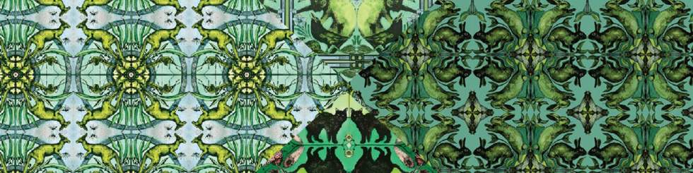 Green lithographic wallpapers in four different designs coming into a triangle