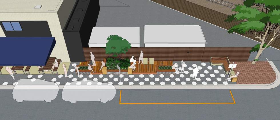 Artist impression of the Small Street placemaking project, timber decking and seating, planter boxes and trees, and stencilled artwork on the footpath