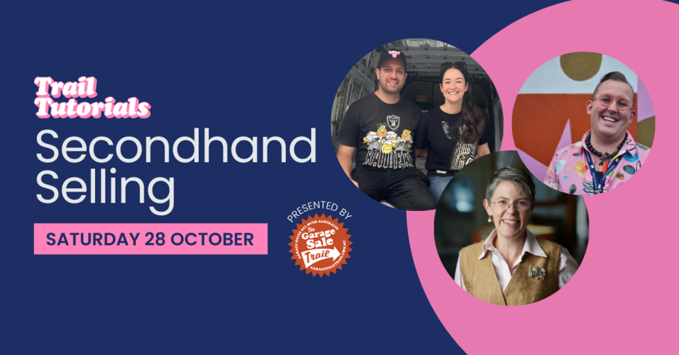 The words 'secondhand selling - Saturday 28 October' with three images of the event presenters. 