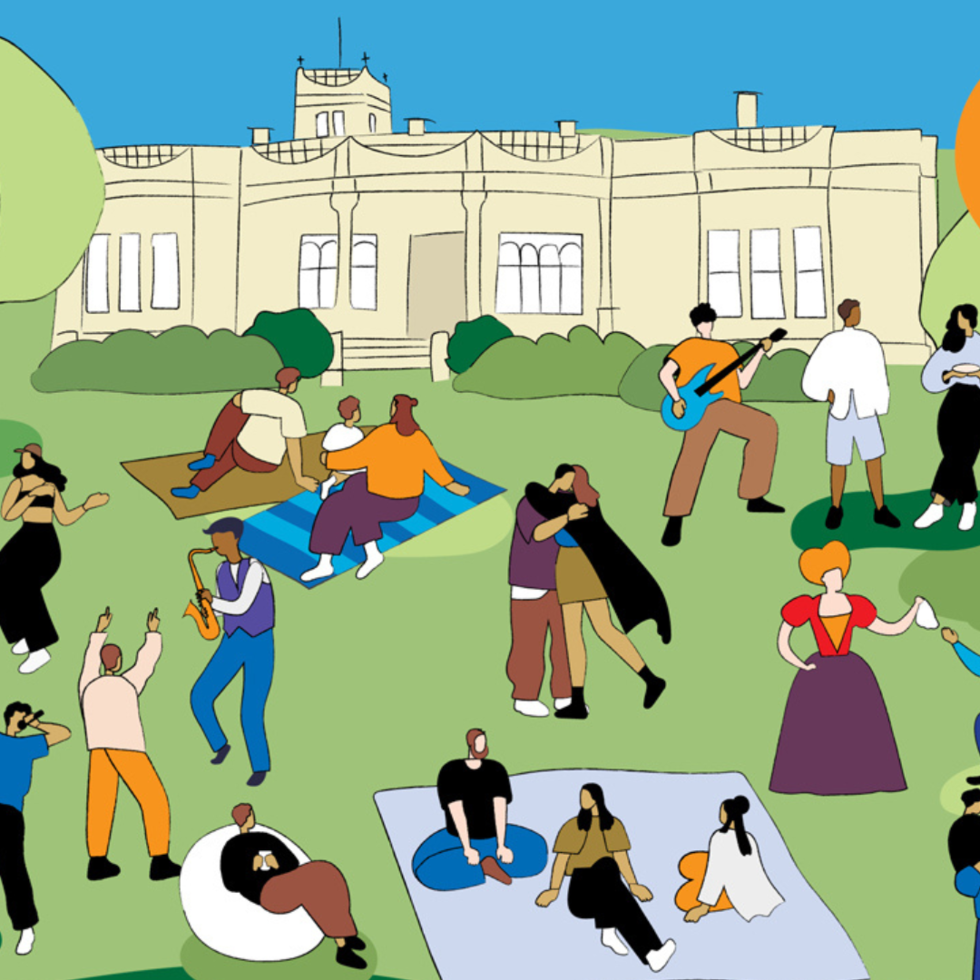 A graphic of Billilla Mansion with performers having a great time in the gardens
