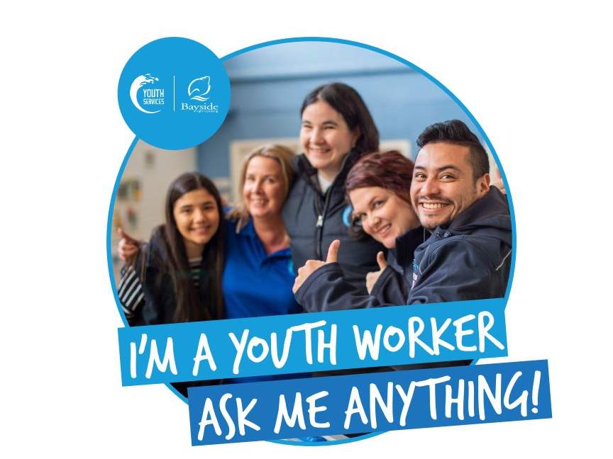 Image of 5 people smiling. with bayside youth services logo and text stating "I'm a Youth Worker ask me anything!"