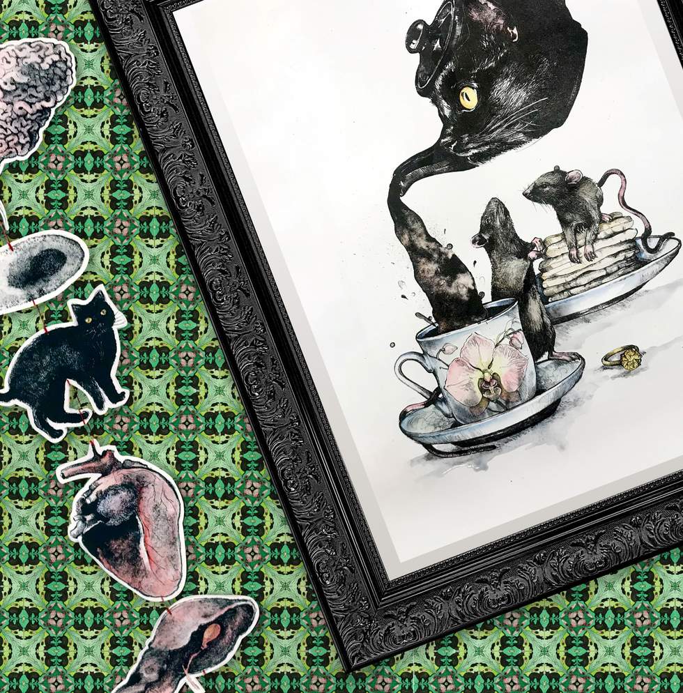 Green geometric wallpaper with white teapot drawing and sticker of a black cat
