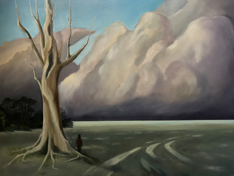 Paining of a dark and stormy landscape with clouds and a dead tree - Young People of Bayside Art Awards, Ellissa R 14 to 17 Award Winner
