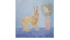 A painting of a hare standing on all fours and vase of Australian native flowers, on a blue floral tablecloth.  