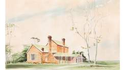 Watercolour of a double story brick house with a green roof and three chimneys.