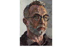 Painting of a front view portrait of a man with a beard wearing glasses.