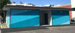 Blue exterior of toilet and change facility