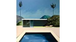A stylized painting of a pool and pool house, with hills and two palm trees in the background.
