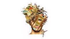 An analog collage of a male portrait covered in pictures of birds, flowers and objects.