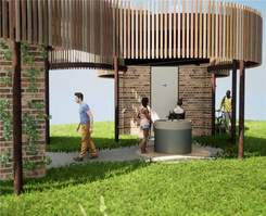 Community Edge toilet block. Brick with timber roof framing. Large circular handwashing station outside.