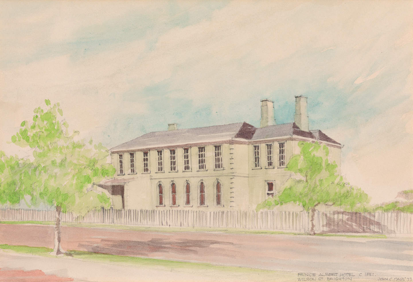 Watercolour of a large double story stone building with two chimneys and many windows along its front side. The house has a white picket fence and is painted from the opposite side of the road.