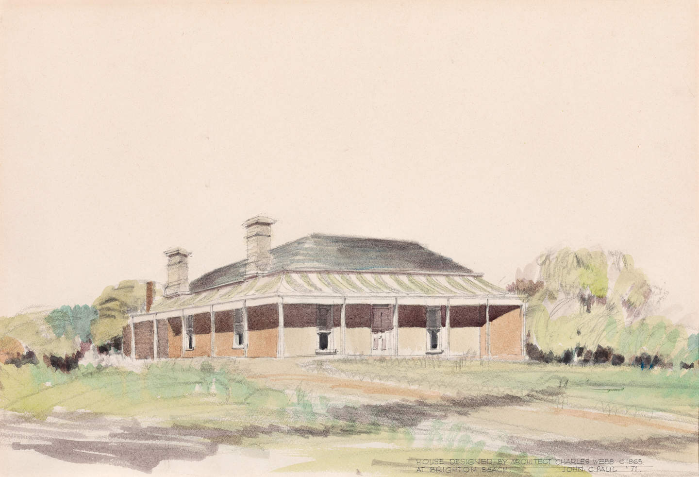 Watercolour of a single story brick house with wrap around verandah. The house is surrounded by green grass and trees.