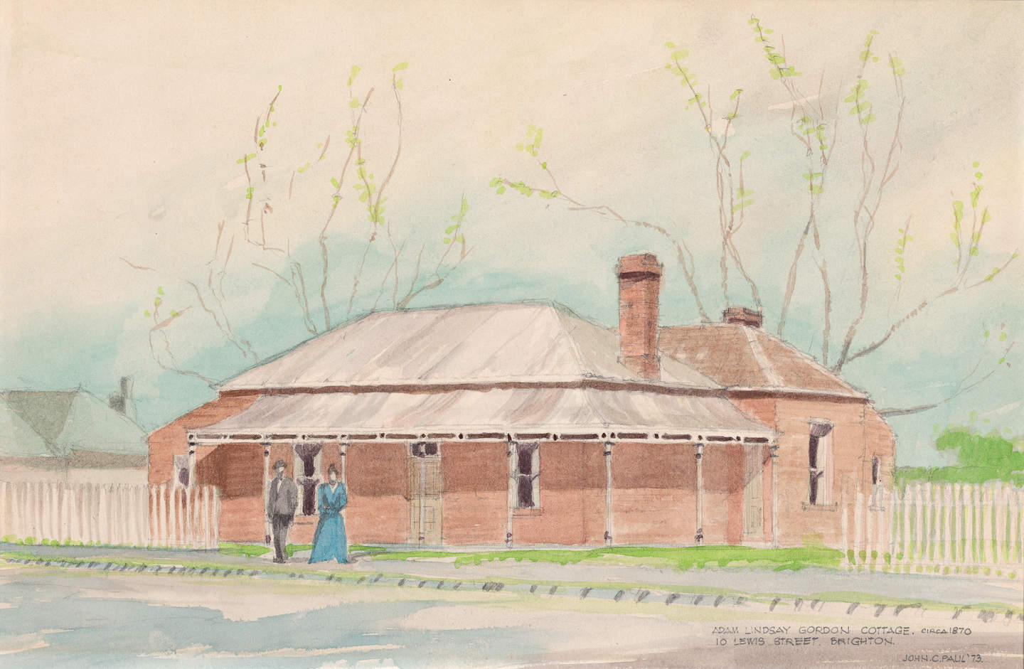 Watercolour of a single story brick house with verandah at the front and surrounding white picket fence. Two figures in 19th century clothing stand in front of the building.