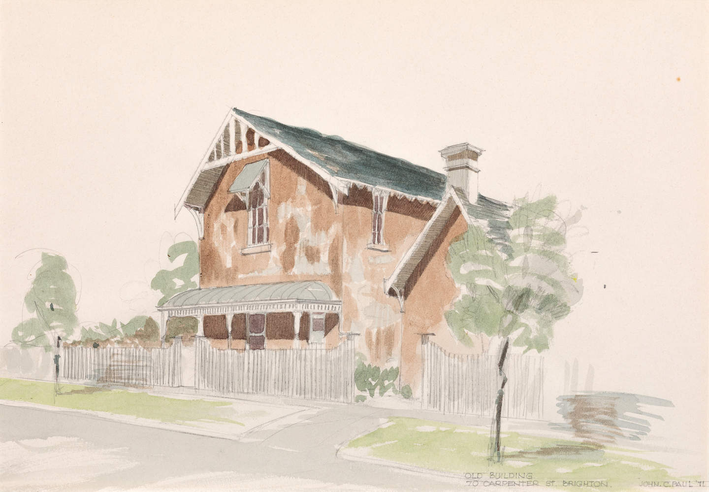 Watercolour of a double story, gabled, brown building with white picket fence.
