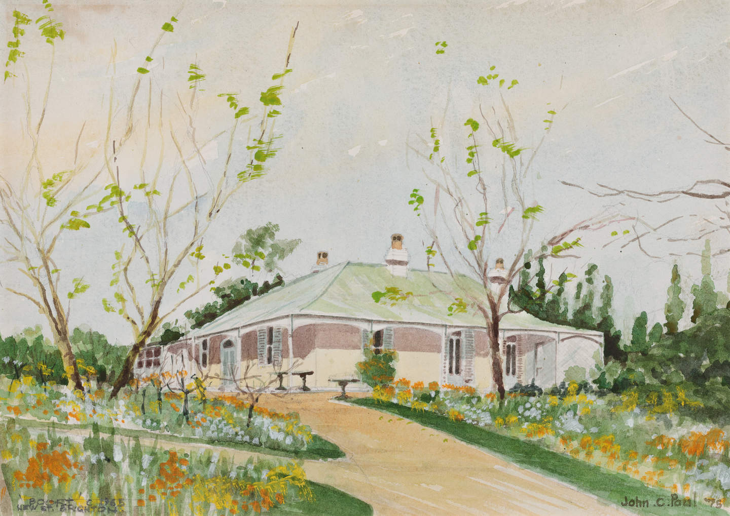 Watercolour of a white single story house with green roof and wrap around verandah. The house is surrounded by a garden of blooming flowers and two tall trees.
