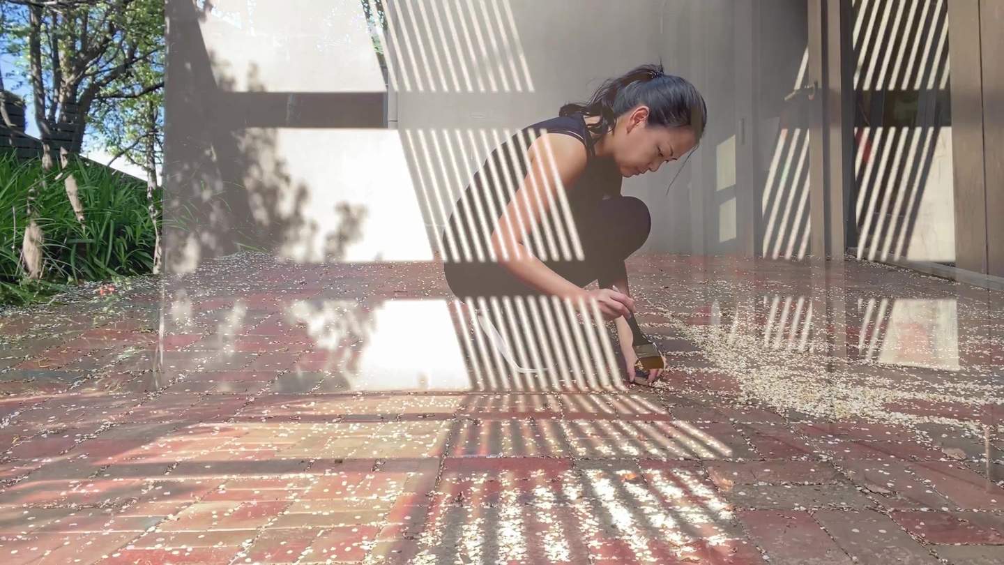 A woman kneels on red bricks sweeping seeds with a paintbrush. Reflections of the sun and shadows are superimposed.