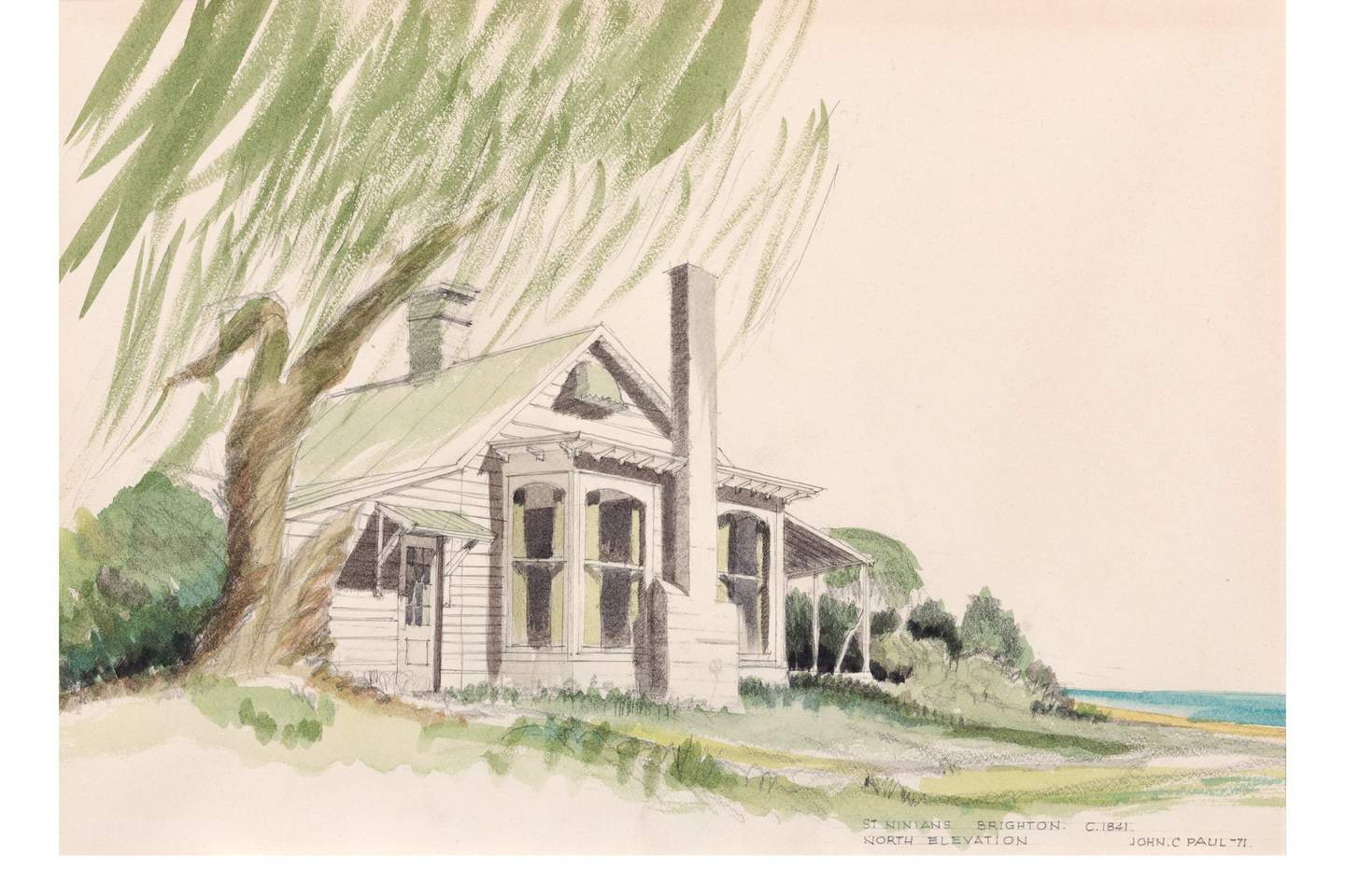Watercolour of a white weatherboard house with a green roof surrounded by vegetation.