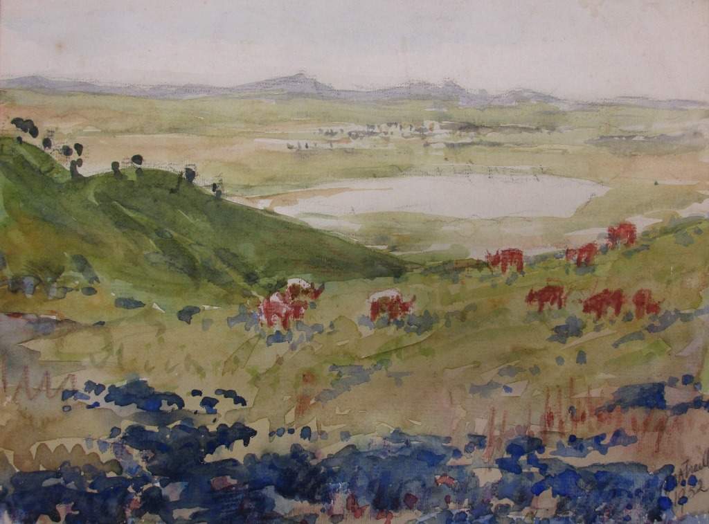A watercolour painting of a hilly landscape. Cows are dottted on the hill in the foreground, a dam is in the centre and further hills are on the horizon.