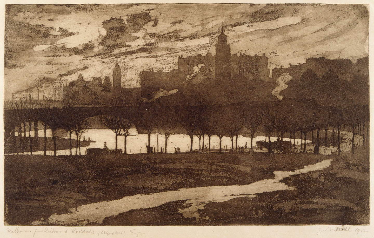 Black and white print of a city skyline in the background with a landscape in the foreground. A river with a is in the centre of the scene, and arched bridge crosses it and trees are in the foreground. The sky is full of clouds.