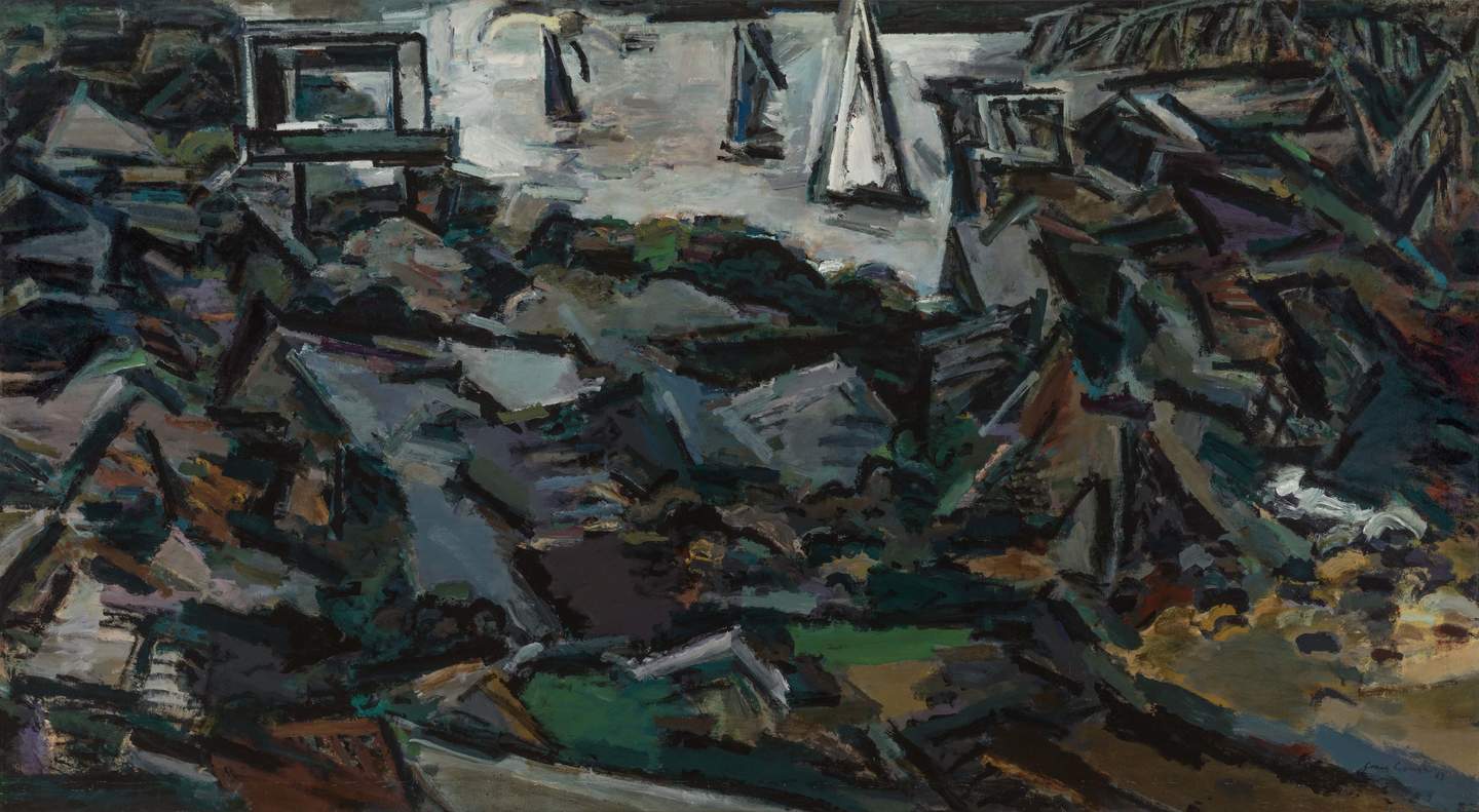 An abstract painting of a rocky shoreline with sails on the water, depicted by irregular hard angled shapes painted in dark, muted tones, outlined in black. 