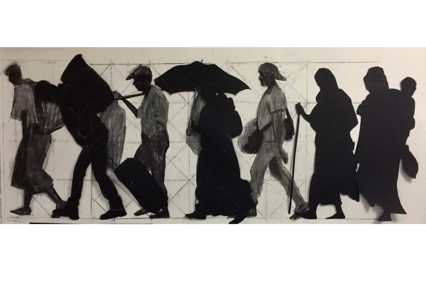 Drawing of men and women in silhouette walking in one direction carrying large bags. 