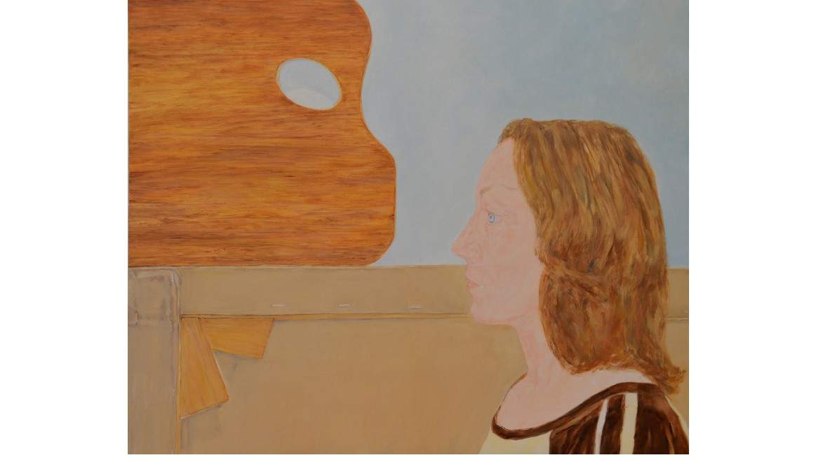 Painting of a woman’s profile with an artist palette and stretched canvas in the background.