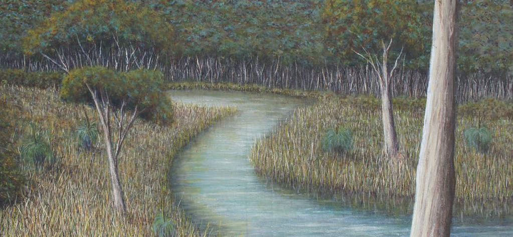 Detail of a painting of an Australian landscape with a central winding creek, surrounding lush vegetation of green trees and grasses.