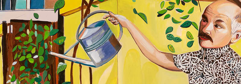 Detail of a painting of a bald man watering plants with a watering can, the background is mainly yellow