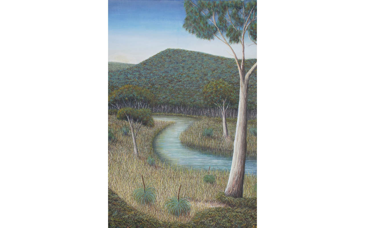 Painting of an Australian landscape with a winding creek through the centre, a lush green mountain in the background, and gums and spinifex grasses scattered through the foreground. A large gum tree frames the right side of the painting.