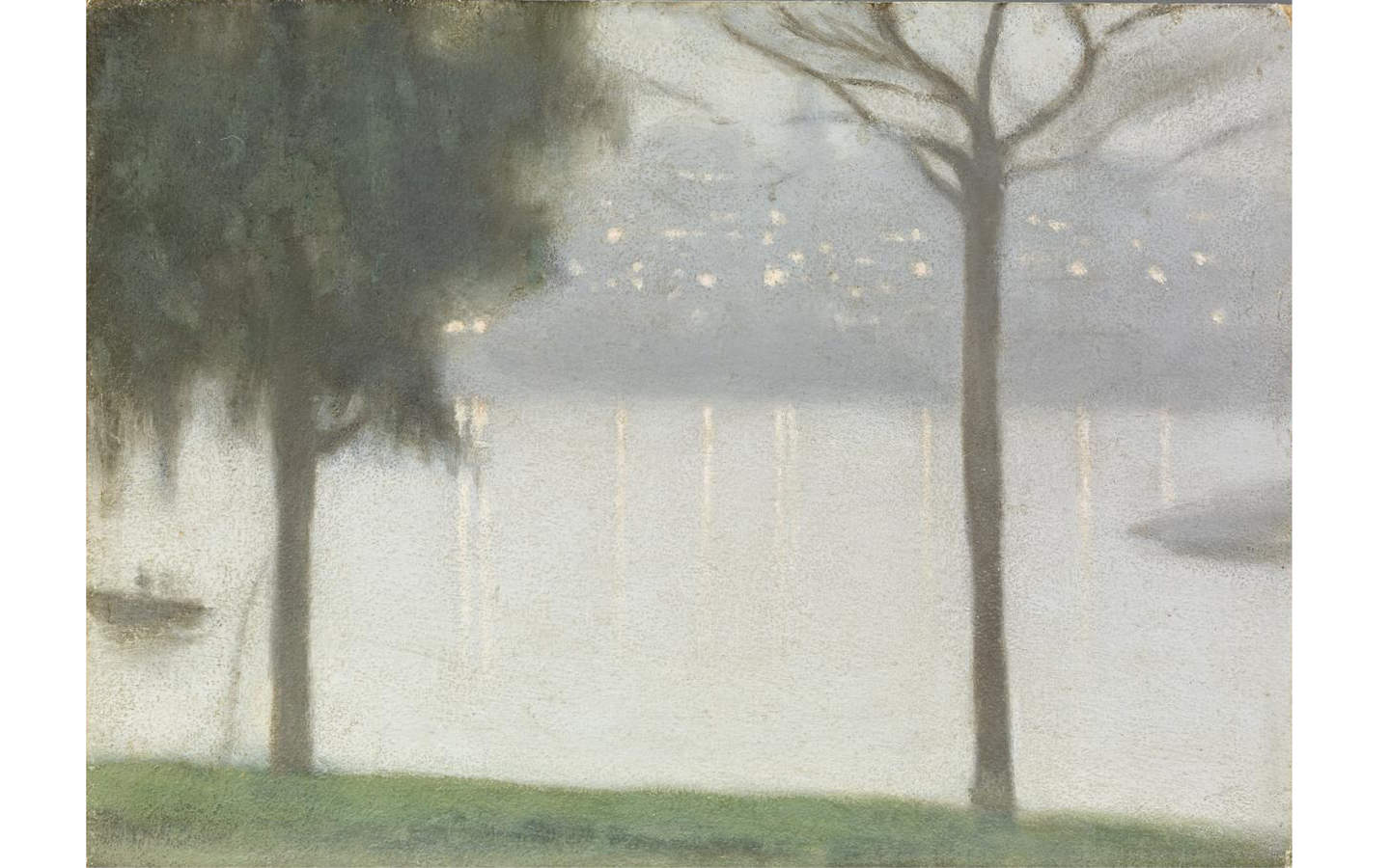 Painting of a river scene at dusk with lights in building on the distant shore, a boat on the left and two trees in the foreground.